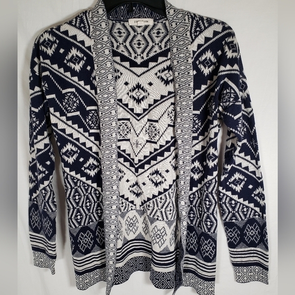 Pink Rose Navy and White Aztec Print Sweater Cardigan Sz S - Picture 2 of 8